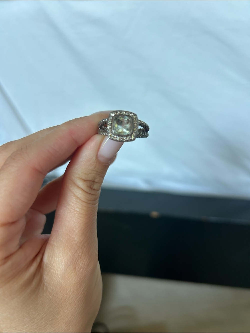 David Yurman Silver Cable Halo Ring with Prasiolite center stone - Picture 3 of 10